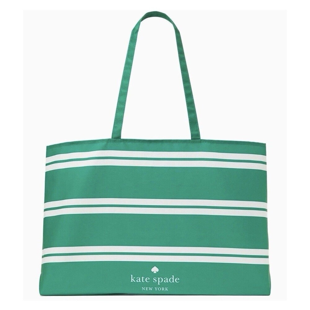 New Kate Spade Green Tote with White Stripe 25" x 15" XLarge Shopping Tote